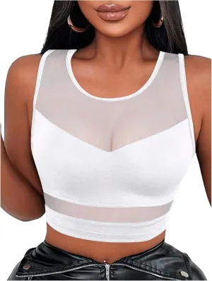 Women's Sheer Mesh Sleeveless Tank Top Slim Fit Crew Neck Crop Tops Party Club Tops