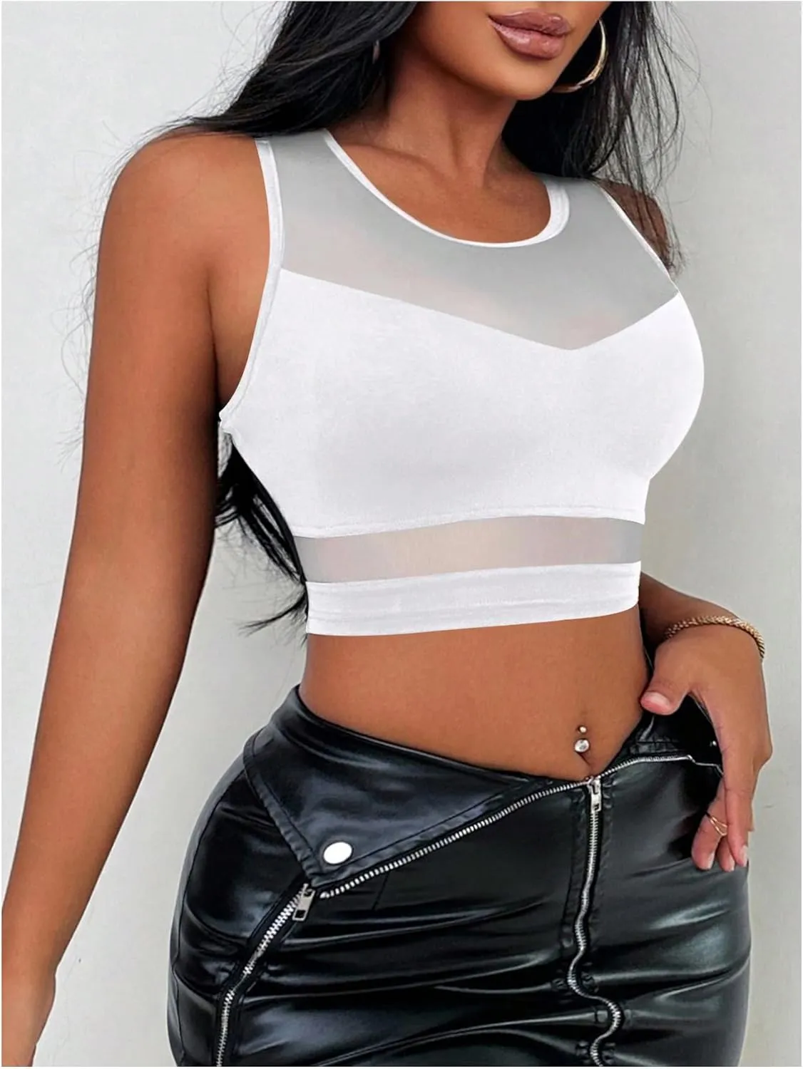 Women's Sheer Mesh Sleeveless Tank Top Slim Fit Crew Neck Crop Tops Party Club Tops