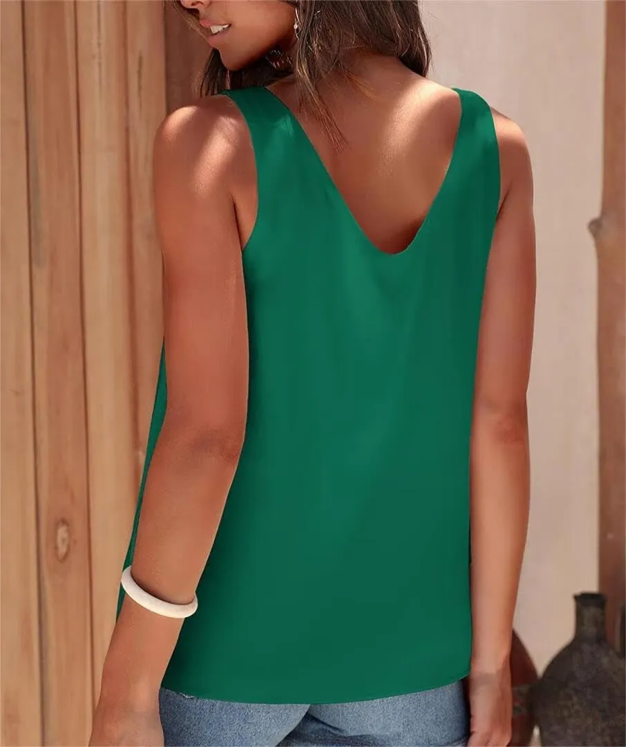 Womens Silk Satin Tank Tops V Neck Casual Cami Sleeveless Camisole Blouses Summer Basic Shirt Top