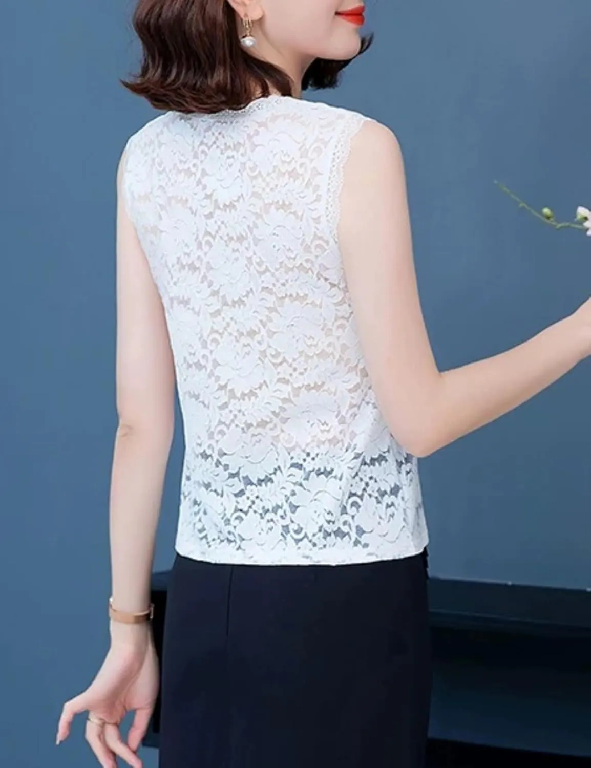 Women's Sleeveless Mesh Floral Lace Scallop V Neck Backless Tank Top Blouse S-L