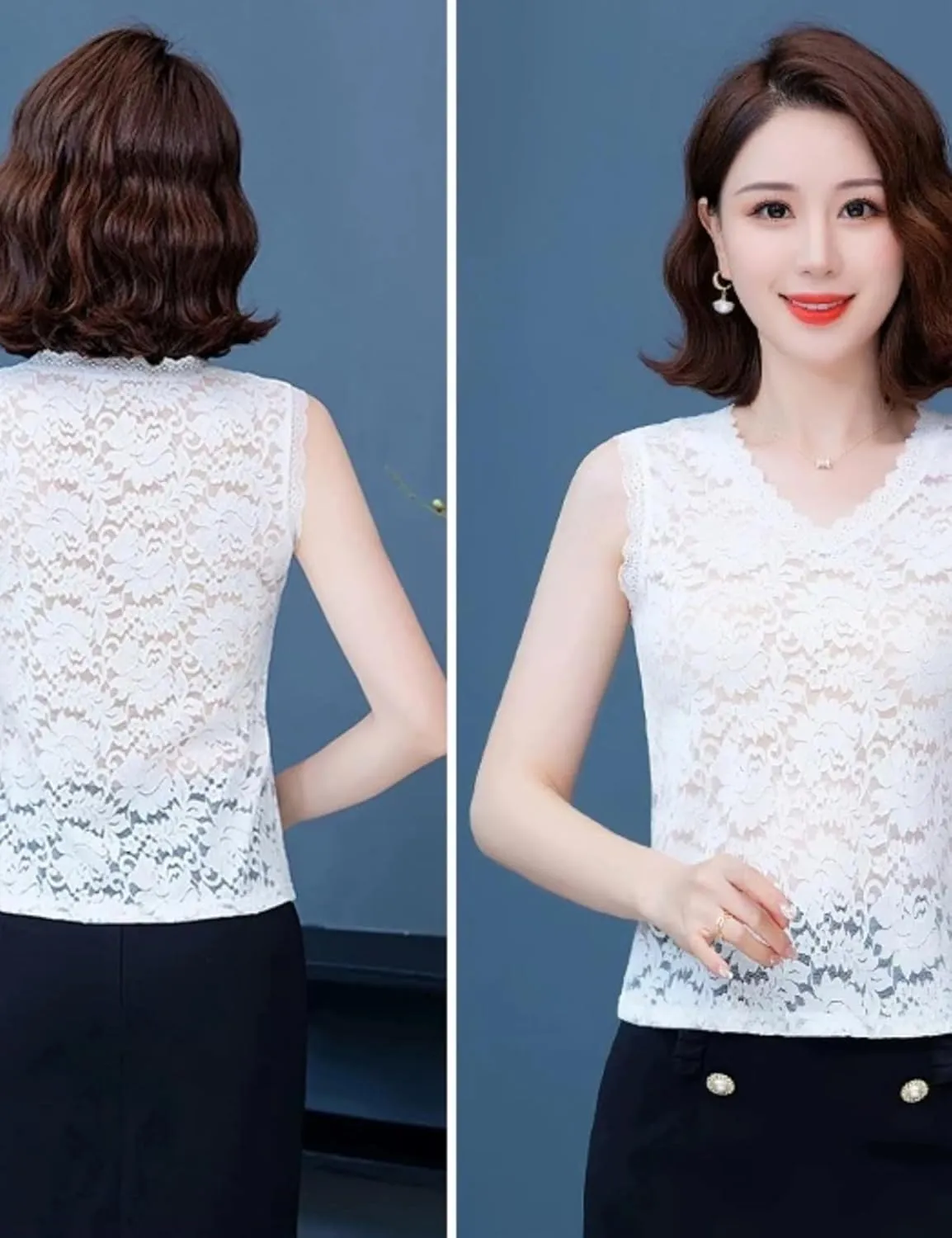 Women's Sleeveless Mesh Floral Lace Scallop V Neck Backless Tank Top Blouse S-L