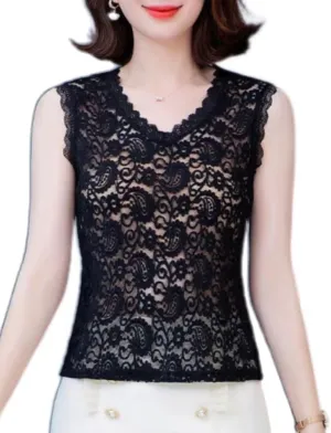 Women's Sleeveless Mesh Floral Lace Scallop V Neck Backless Tank Top Blouse S-L