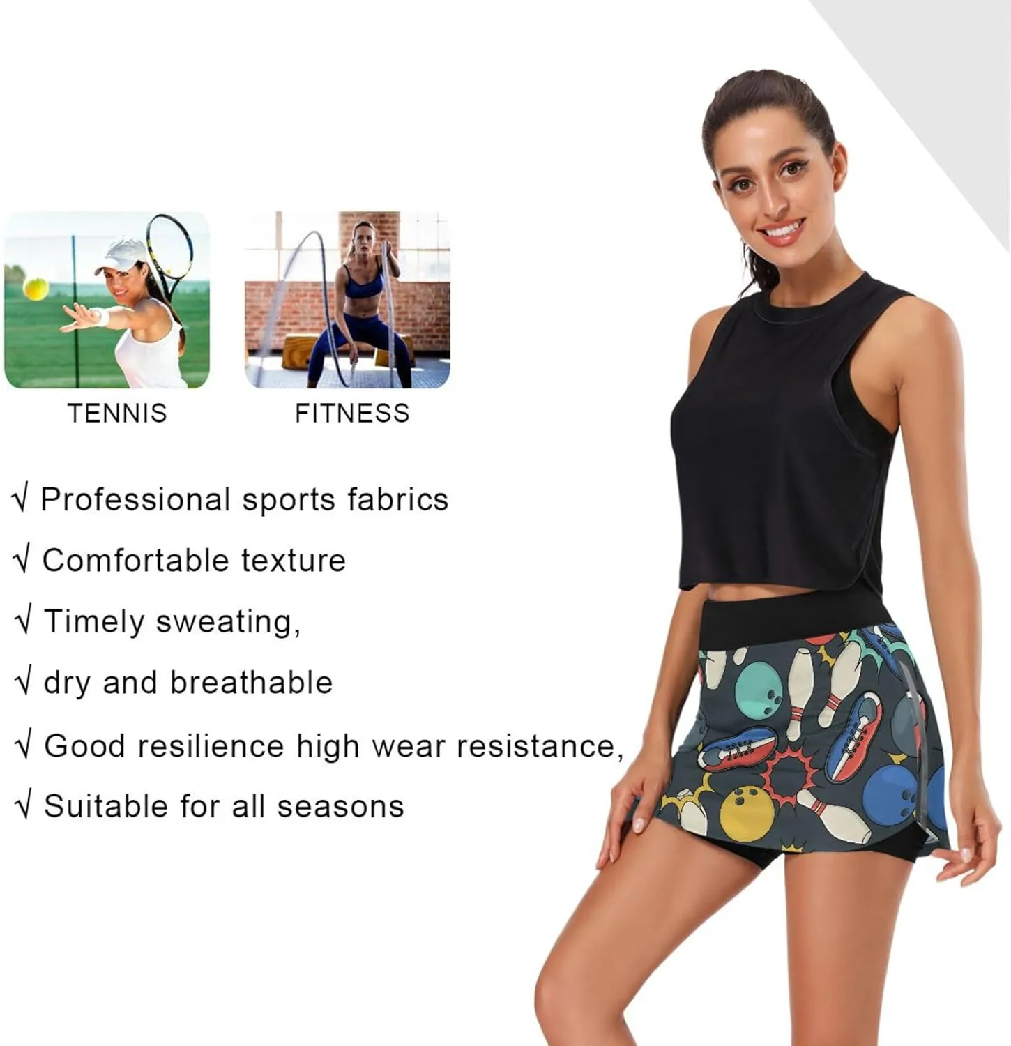 Women's Tennis Skirts Bowling Ball Pins and Shoes Athletic Golf Skorts Skirts for Running Workout Sports S