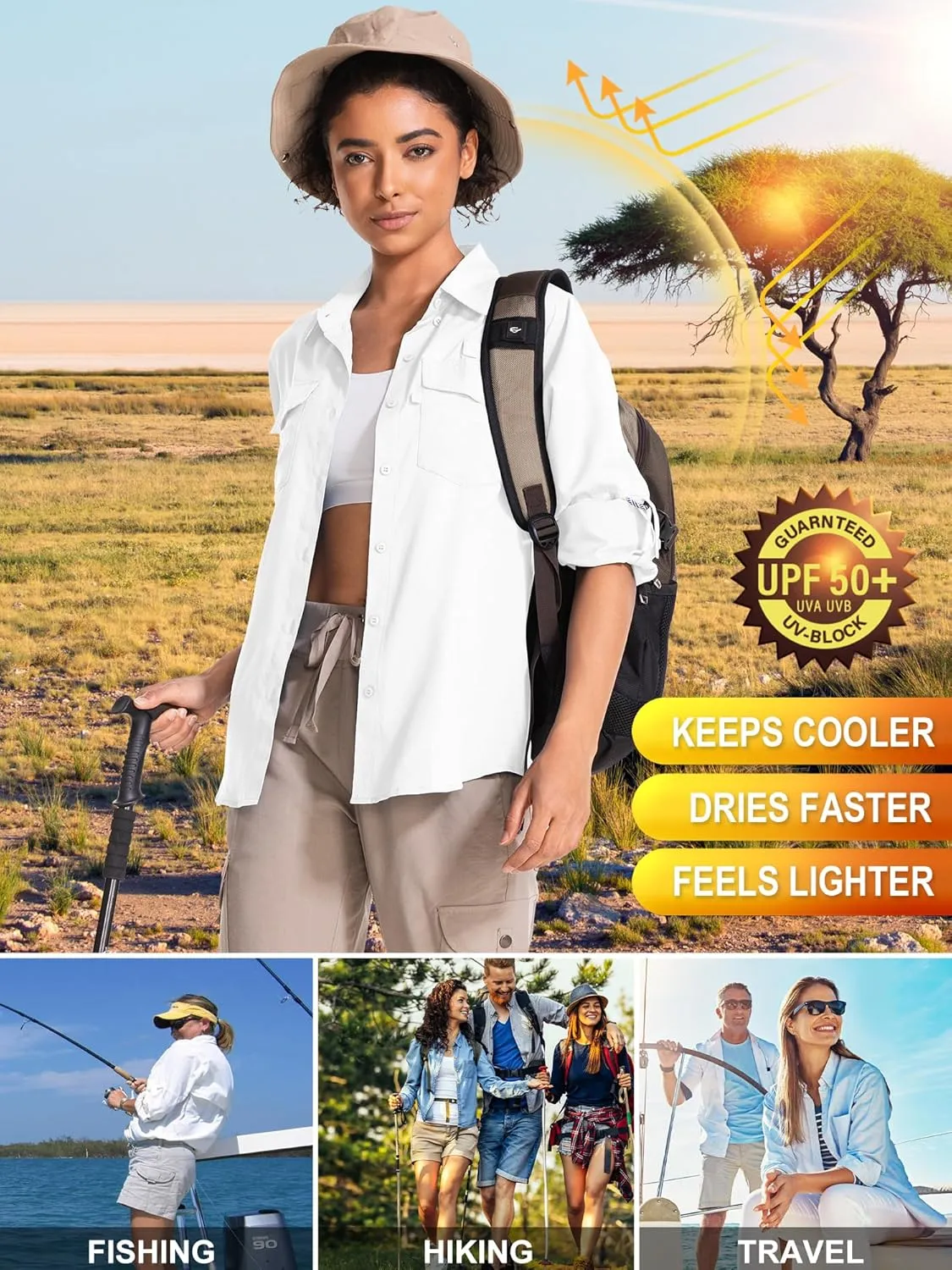 Women's UPF 50 UV Sun Protection Long Sleeve Safari Shirts Quick Dry Hiking Travel Fishing Outdoor Cool Shirts