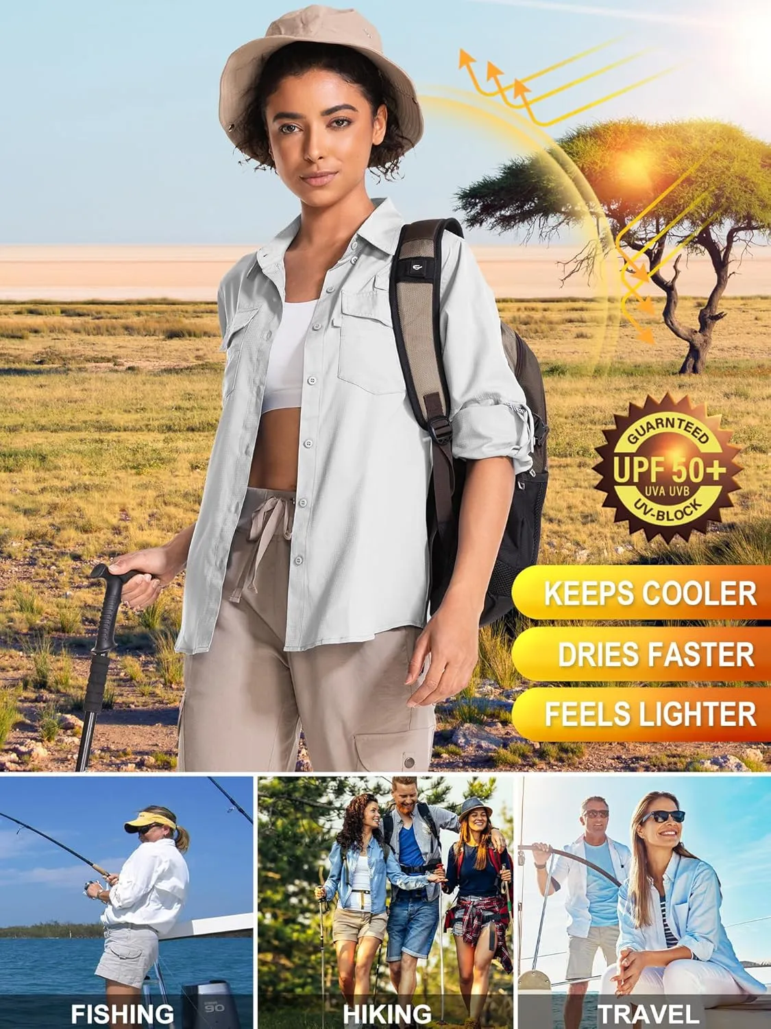 Women's UPF 50 UV Sun Protection Long Sleeve Safari Shirts Quick Dry Hiking Travel Fishing Outdoor Cool Shirts