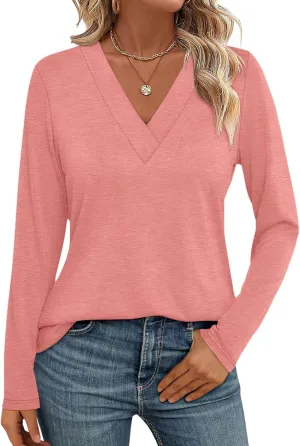 Womens V Neck Long Sleeve Shirts Dressy Casual Fall Tops Trendy Loose Tunic Tops Blouse