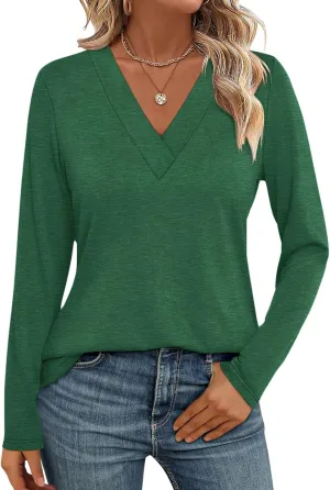 Womens V Neck Long Sleeve Shirts Dressy Casual Fall Tops Trendy Loose Tunic Tops Blouse