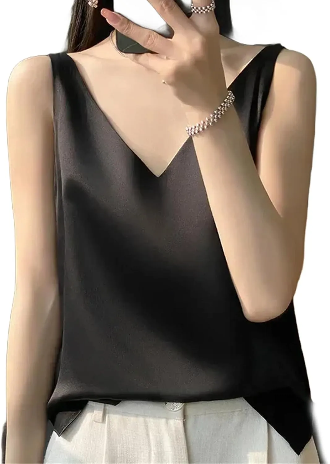 Women's V-Neck Tops Satin Camis Ice Silk Camisole Basic Sleeveless Shirts