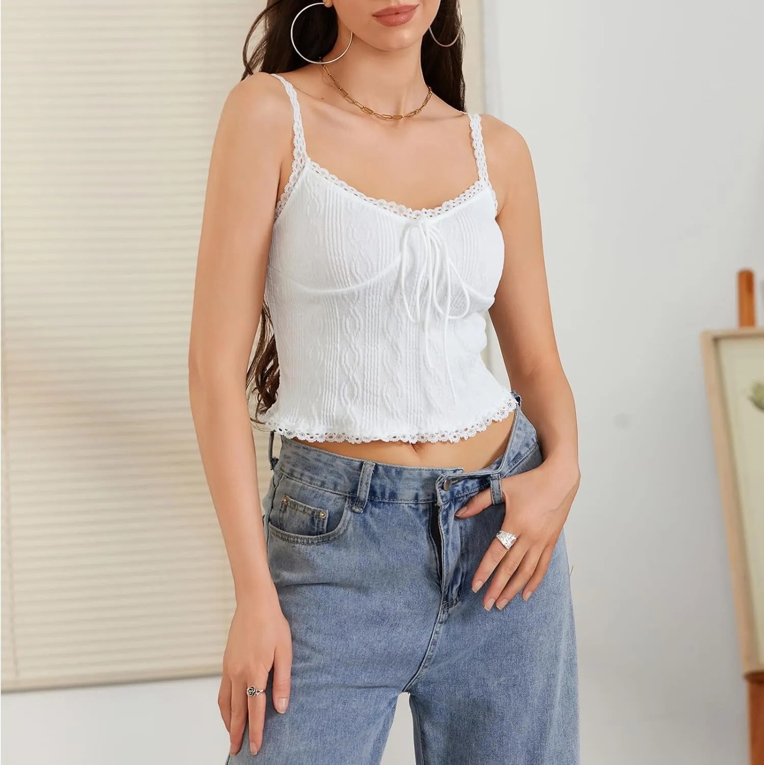 Womens Y2k Lace Trim Tank Top Boho Tie Front Camisole Sleeveless Slim Fitted Cami Going Out Shirts