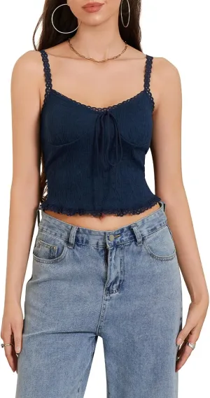 Womens Y2k Lace Trim Tank Top Boho Tie Front Camisole Sleeveless Slim Fitted Cami Going Out Shirts