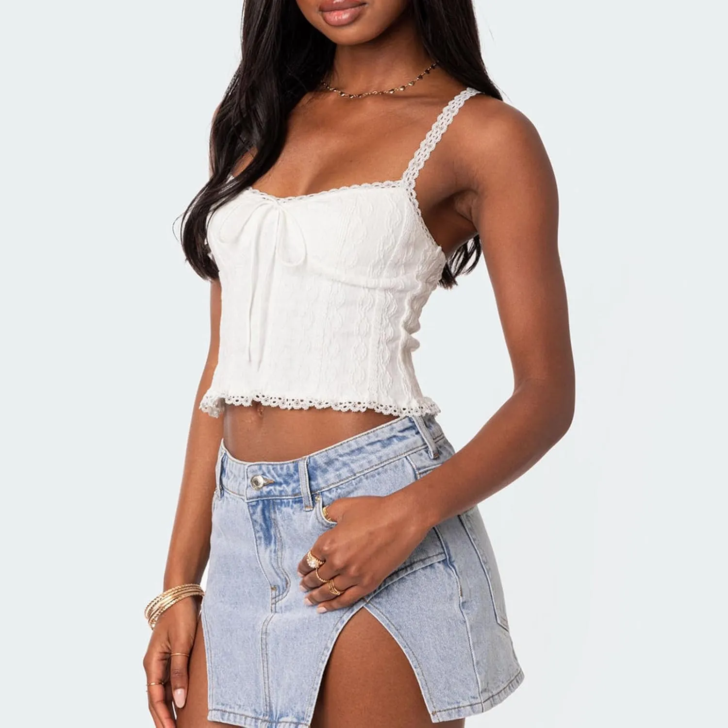 Womens Y2k Lace Trim Tank Top Boho Tie Front Camisole Sleeveless Slim Fitted Cami Going Out Shirts