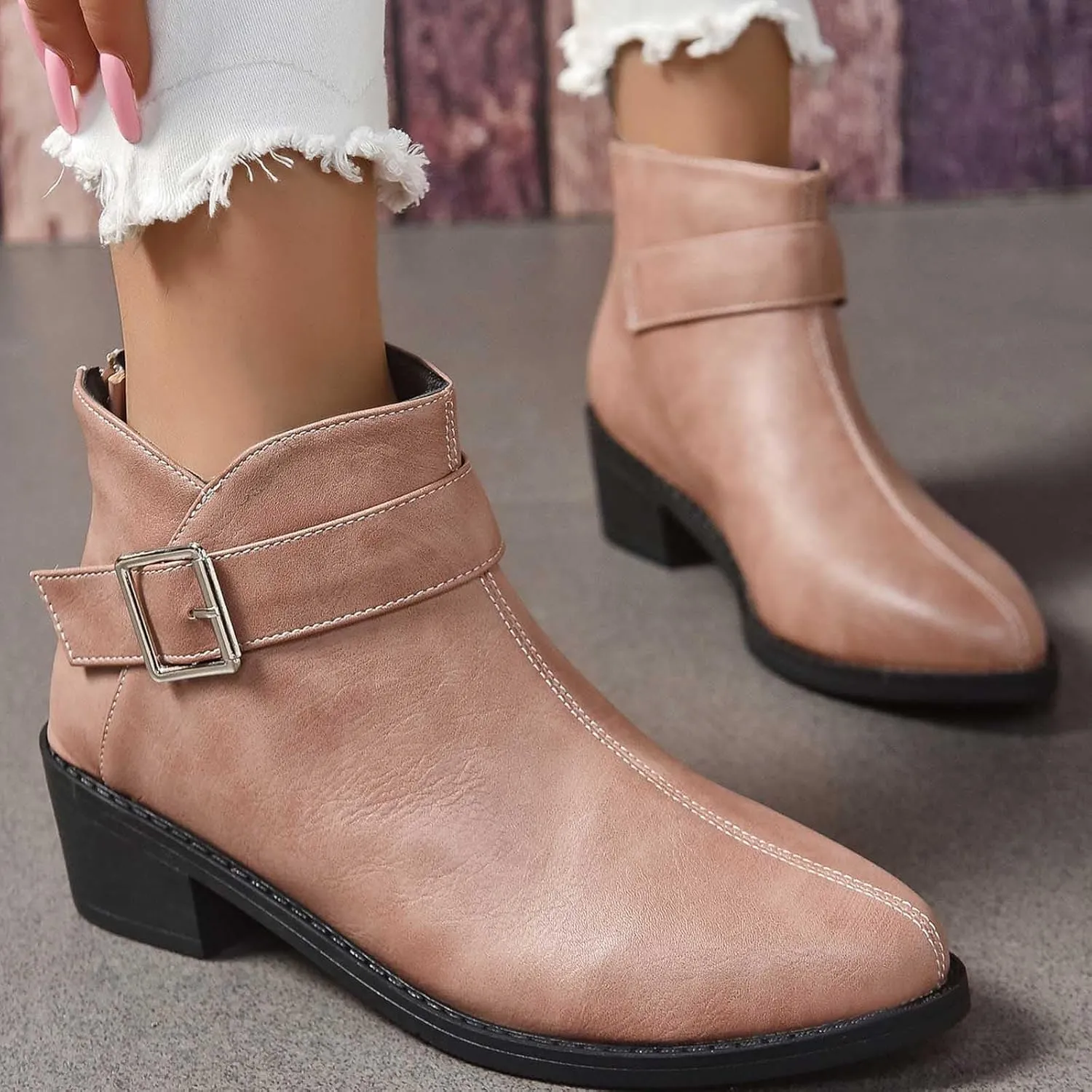 Work Shoes Women British Style Solid Leather Buckle Side Zipper Boots Chunky Set Foot Short Boots Loose Ankle Boots