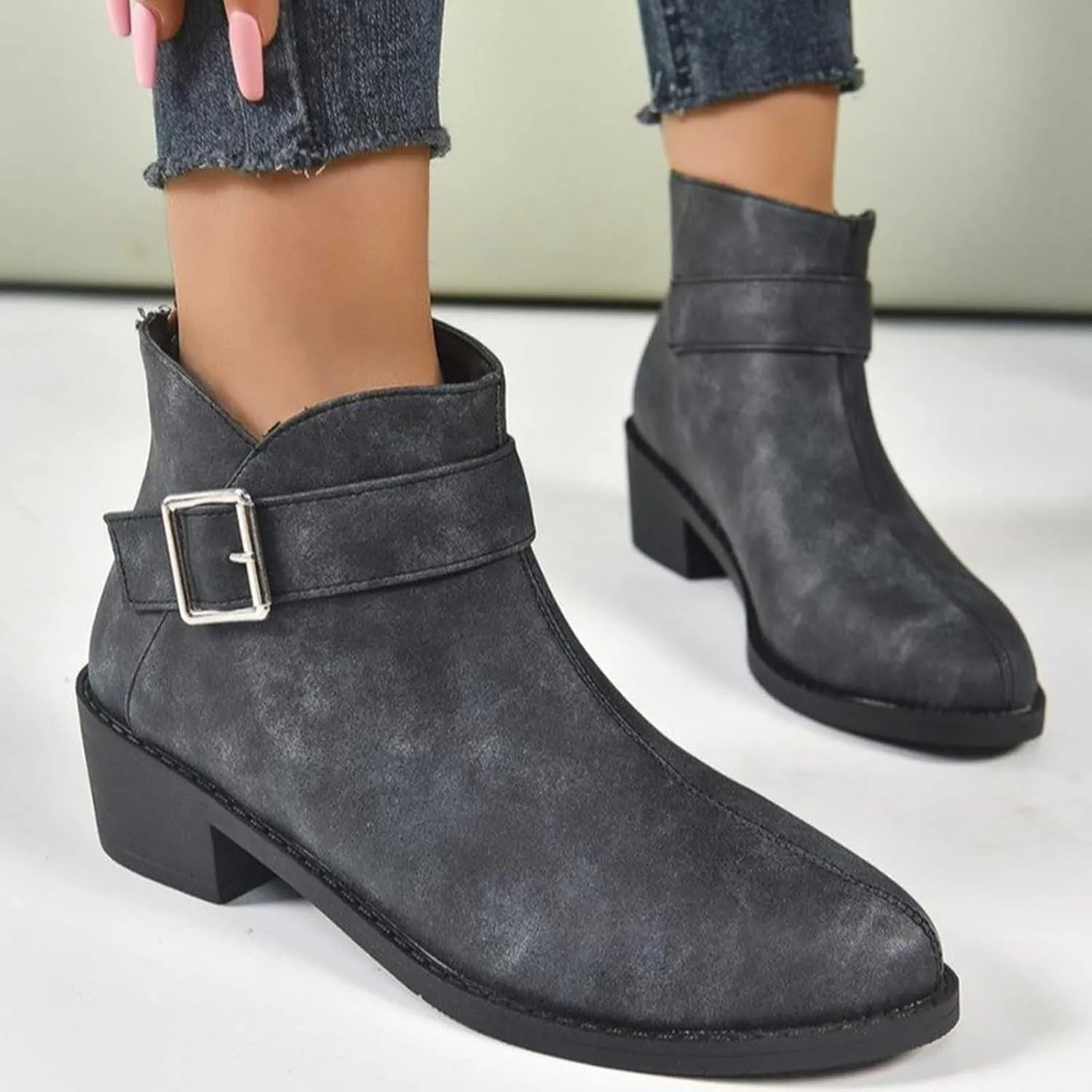 Work Shoes Women British Style Solid Leather Buckle Side Zipper Boots Chunky Set Foot Short Boots Loose Ankle Boots
