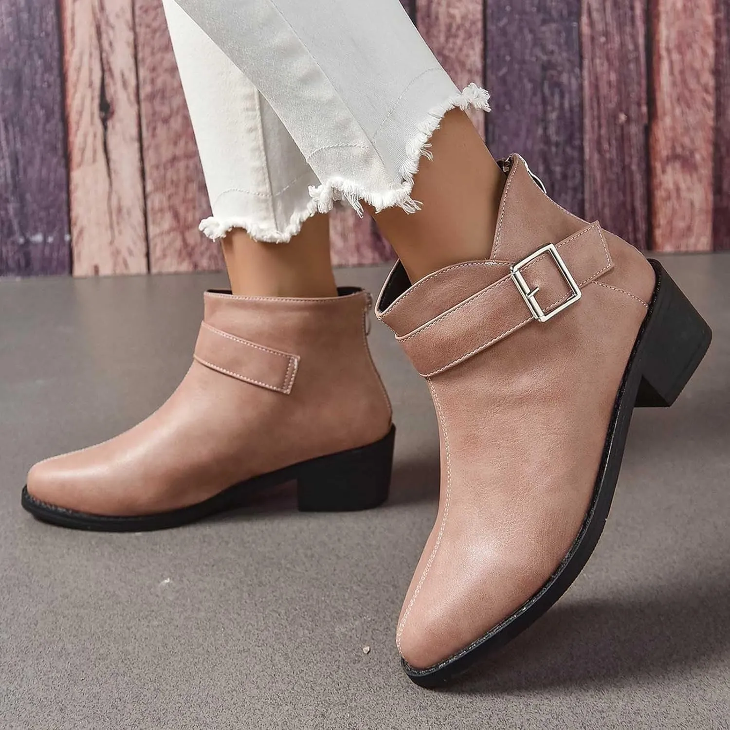 Work Shoes Women British Style Solid Leather Buckle Side Zipper Boots Chunky Set Foot Short Boots Loose Ankle Boots