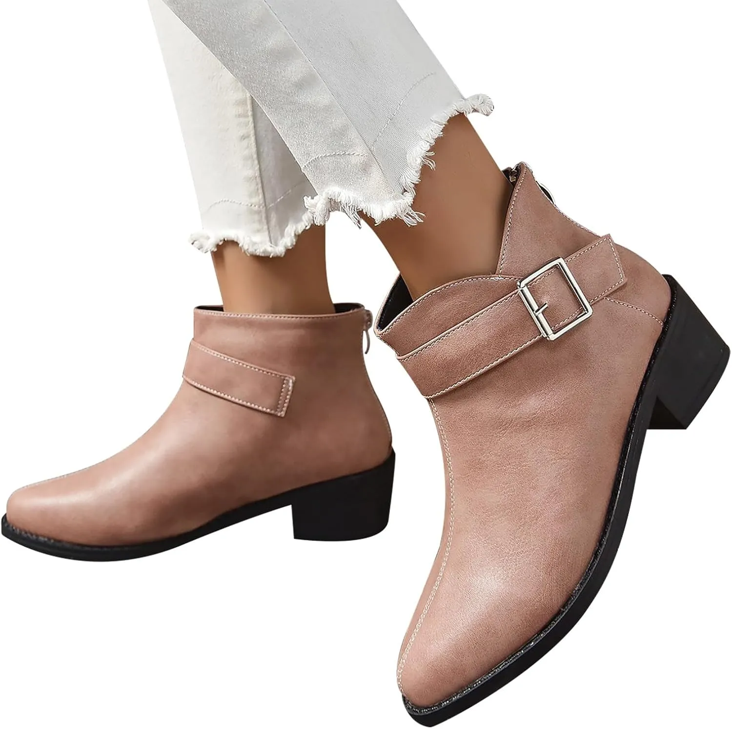 Work Shoes Women British Style Solid Leather Buckle Side Zipper Boots Chunky Set Foot Short Boots Loose Ankle Boots