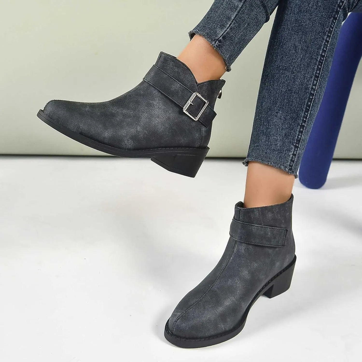 Work Shoes Women British Style Solid Leather Buckle Side Zipper Boots Chunky Set Foot Short Boots Loose Ankle Boots