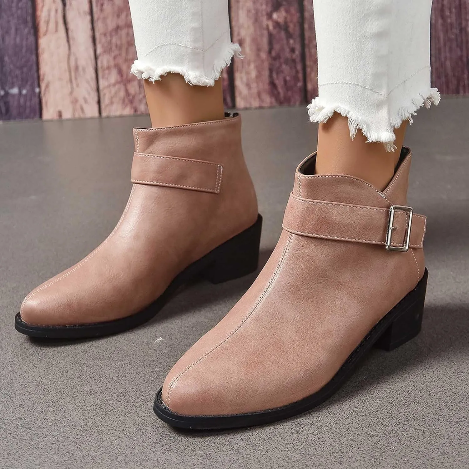 Work Shoes Women British Style Solid Leather Buckle Side Zipper Boots Chunky Set Foot Short Boots Loose Ankle Boots
