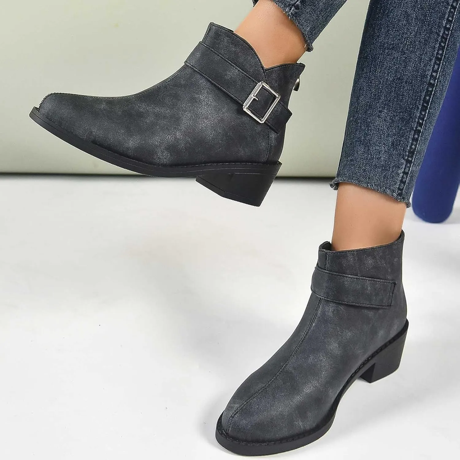 Work Shoes Women British Style Solid Leather Buckle Side Zipper Boots Chunky Set Foot Short Boots Loose Ankle Boots