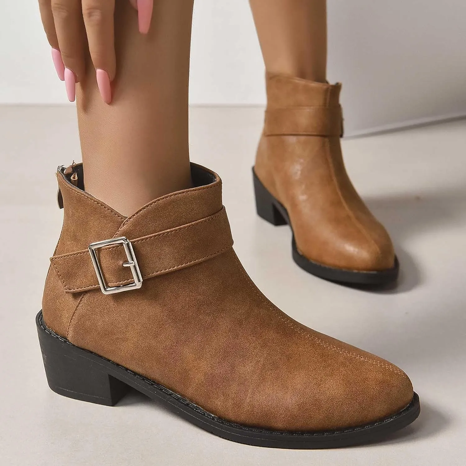 Work Shoes Women British Style Solid Leather Buckle Side Zipper Boots Chunky Set Foot Short Boots Loose Ankle Boots