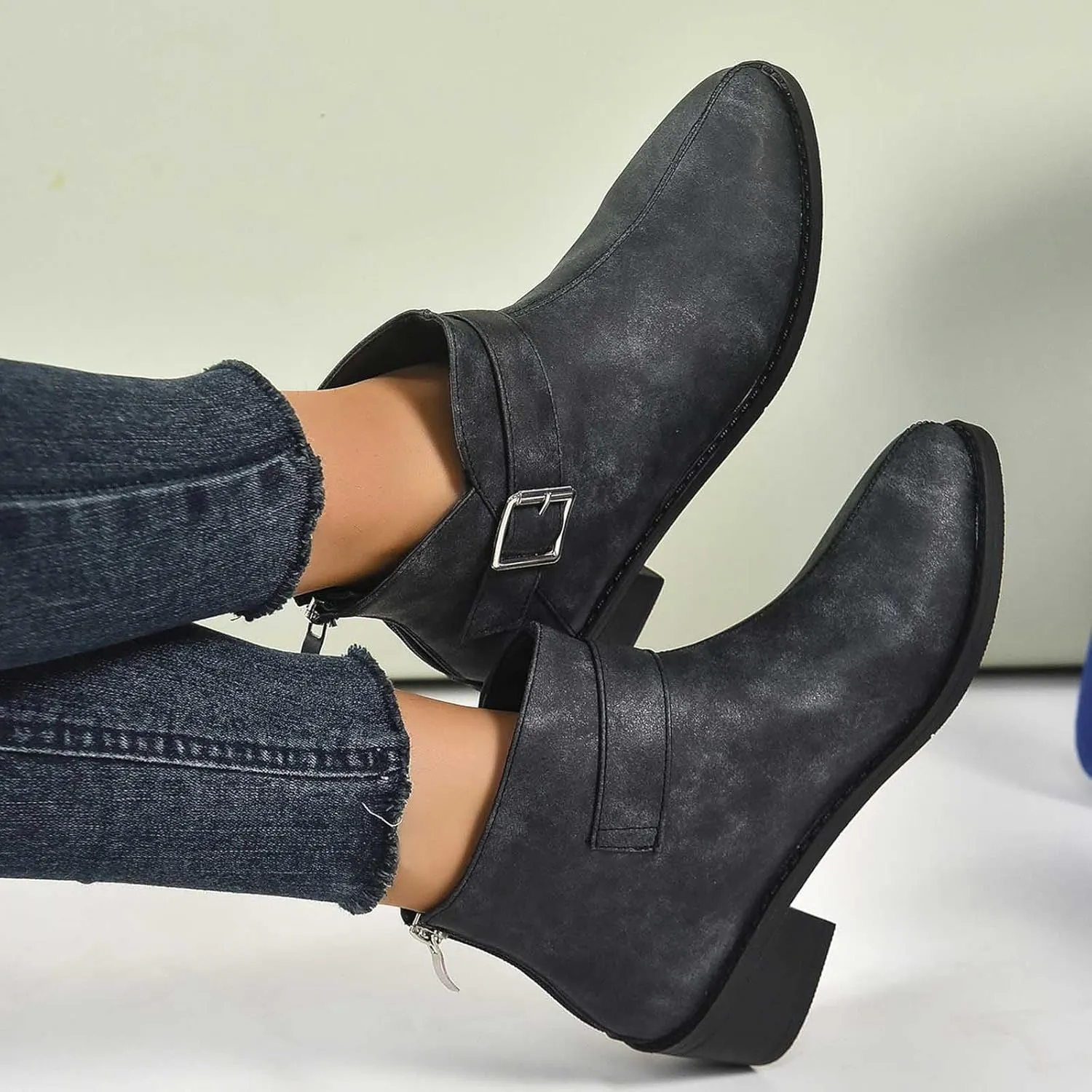 Work Shoes Women British Style Solid Leather Buckle Side Zipper Boots Chunky Set Foot Short Boots Loose Ankle Boots
