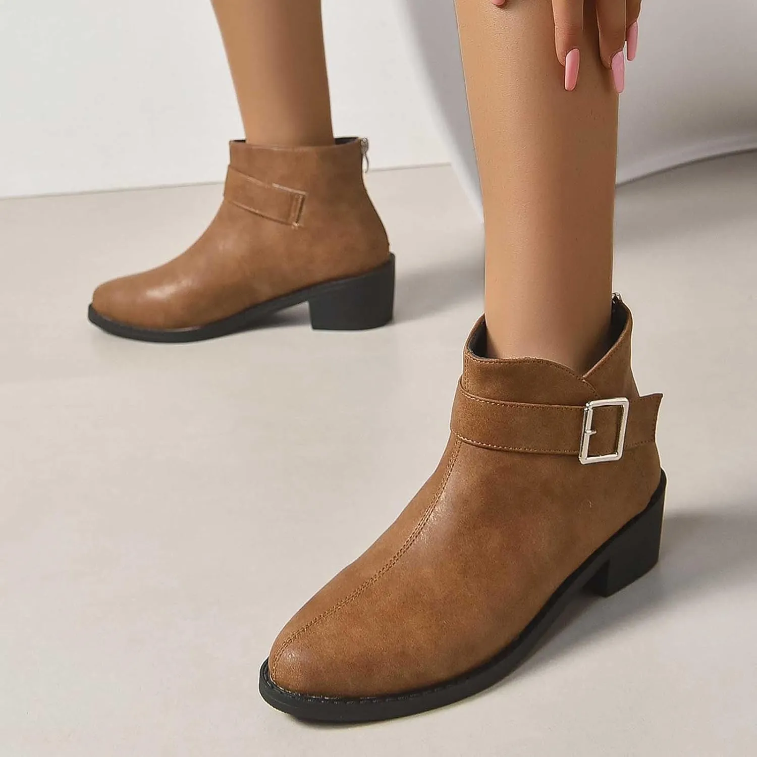 Work Shoes Women British Style Solid Leather Buckle Side Zipper Boots Chunky Set Foot Short Boots Loose Ankle Boots