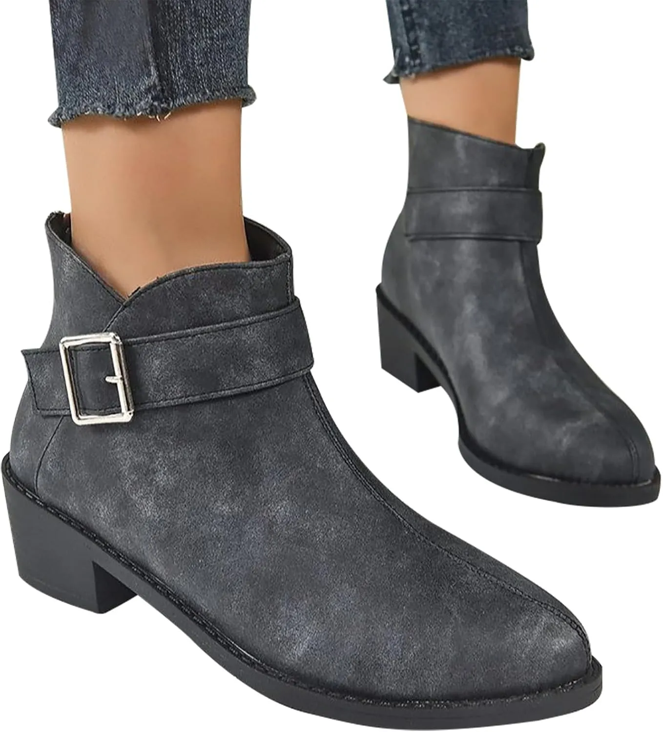 Work Shoes Women British Style Solid Leather Buckle Side Zipper Boots Chunky Set Foot Short Boots Loose Ankle Boots