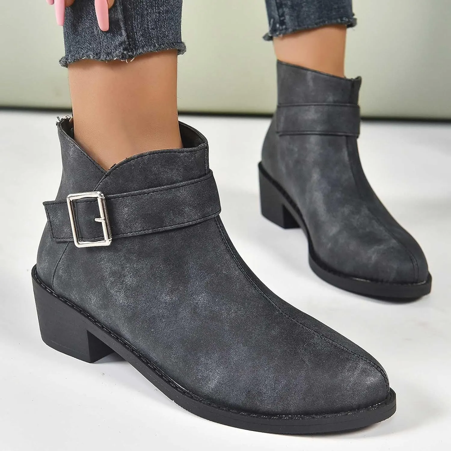Work Shoes Women British Style Solid Leather Buckle Side Zipper Boots Chunky Set Foot Short Boots Loose Ankle Boots