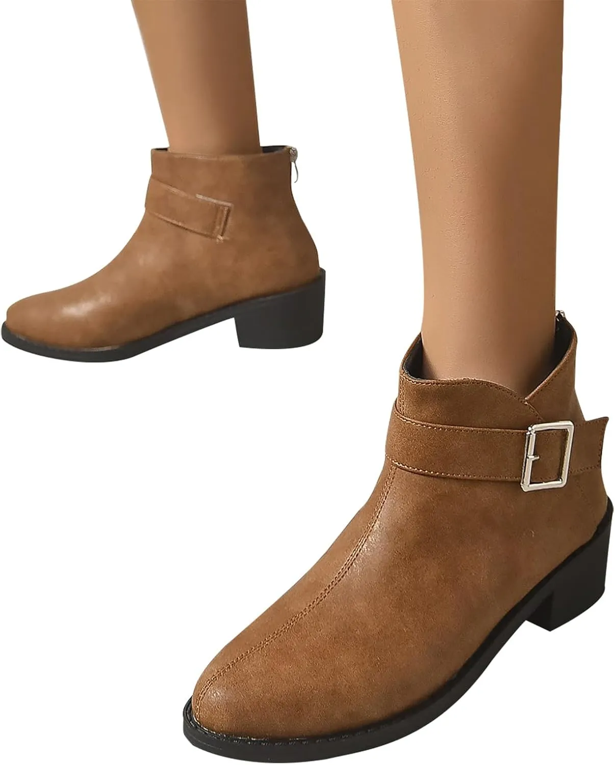 Work Shoes Women British Style Solid Leather Buckle Side Zipper Boots Chunky Set Foot Short Boots Loose Ankle Boots
