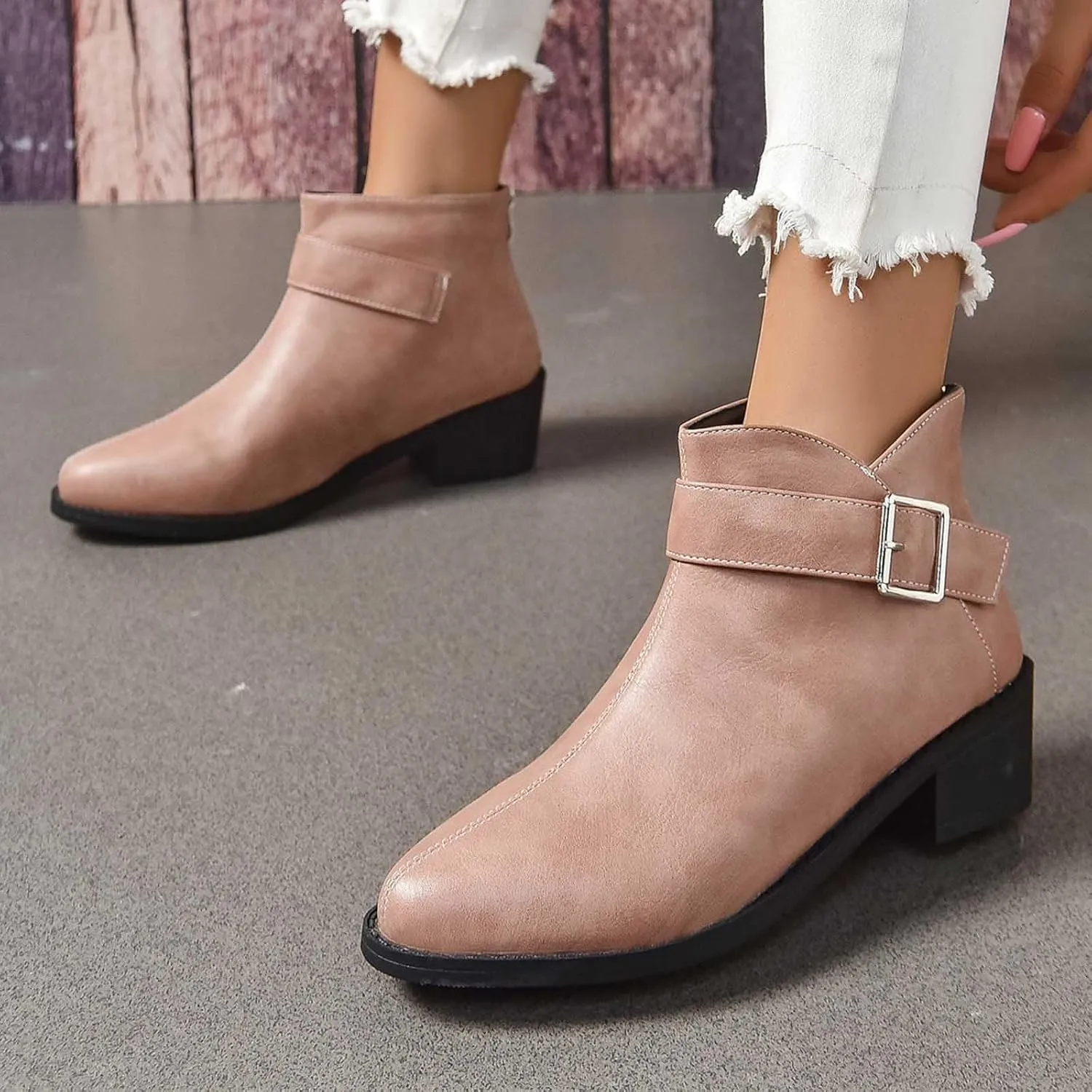 Work Shoes Women British Style Solid Leather Buckle Side Zipper Boots Chunky Set Foot Short Boots Loose Ankle Boots