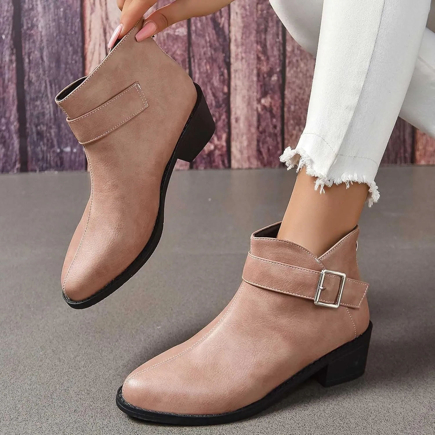 Work Shoes Women British Style Solid Leather Buckle Side Zipper Boots Chunky Set Foot Short Boots Loose Ankle Boots