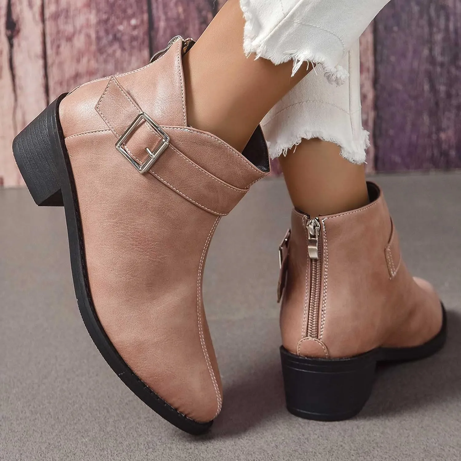 Work Shoes Women British Style Solid Leather Buckle Side Zipper Boots Chunky Set Foot Short Boots Loose Ankle Boots