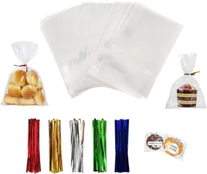 XLSFPY 100PCS Clear Cellophane Bags, 5x7 Small Treat Bags with Ties, Cake Pop Bags, Candy Bags, Goodie Bags, Rice Crispy Treat Bags, Clear Bags for Favors Birthday Party (5'' x 7'')