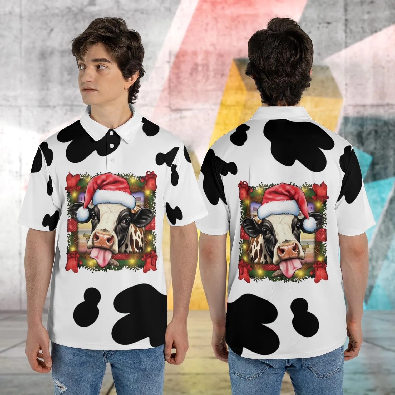 Xmas Cow Polo Shirts for Men - Galaxy Cat Mens Quick Dry Short Sleeve Polo Shirts Series 29