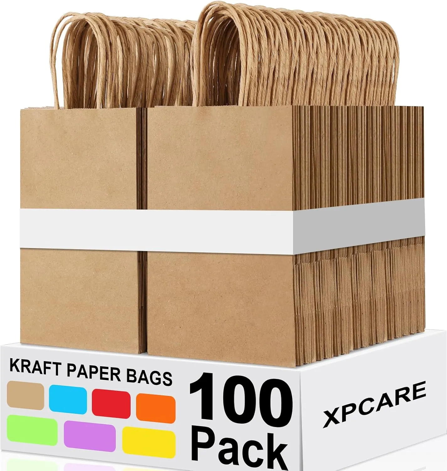XPCARE 100Pcs Paper Gift Bags 5.25x3.25x8.25'', Small Paper Bag with Handles Bulk Shopping,Kraft,Retail,Party Bags for Small Business (Brown)