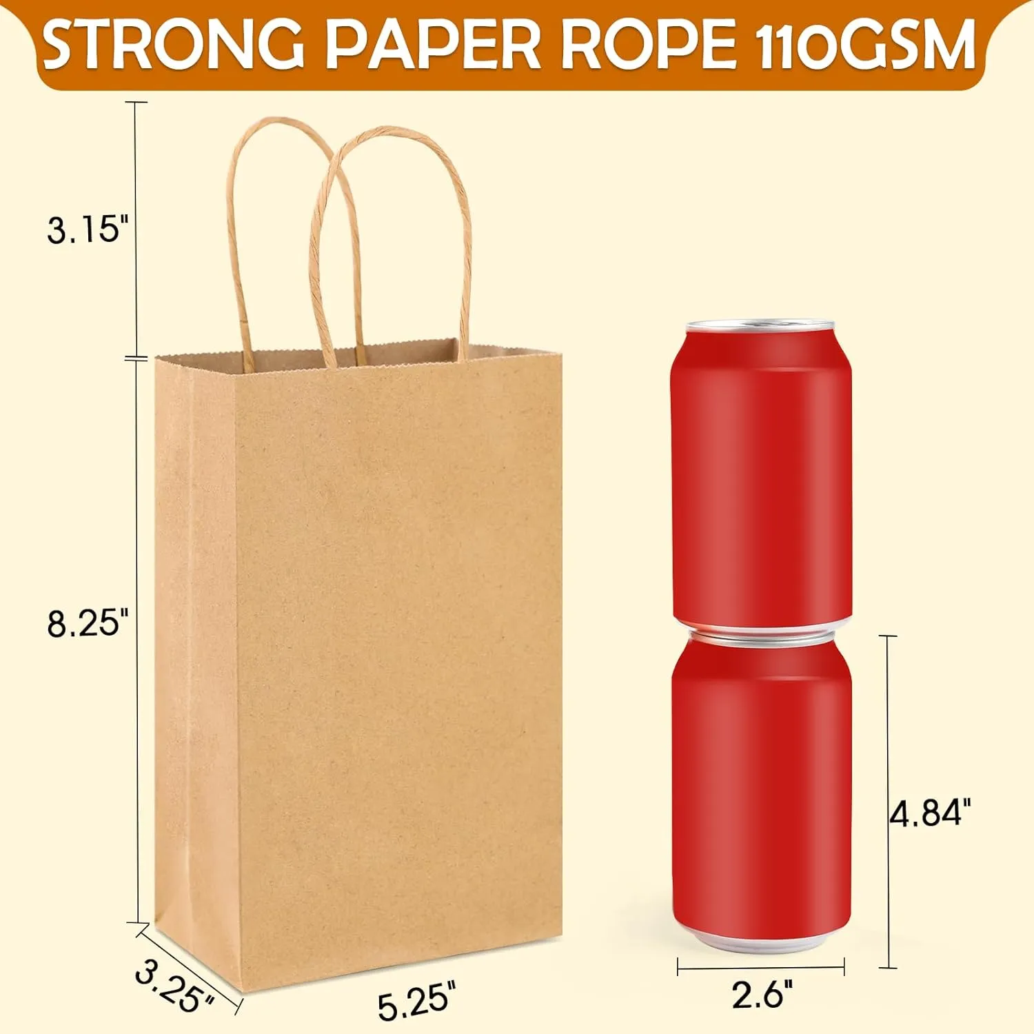XPCARE 100Pcs Paper Gift Bags 5.25x3.25x8.25'', Small Paper Bag with Handles Bulk Shopping,Kraft,Retail,Party Bags for Small Business (Brown)