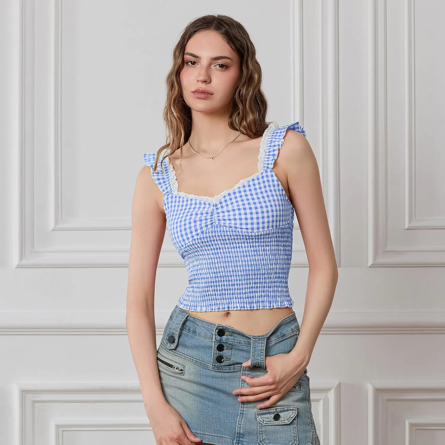 Y2k Plaid Cami Tank Tops for Women Spaghetti Strap Lace Trim Cami Crop Top Cute Gingham Going Out Camisoles