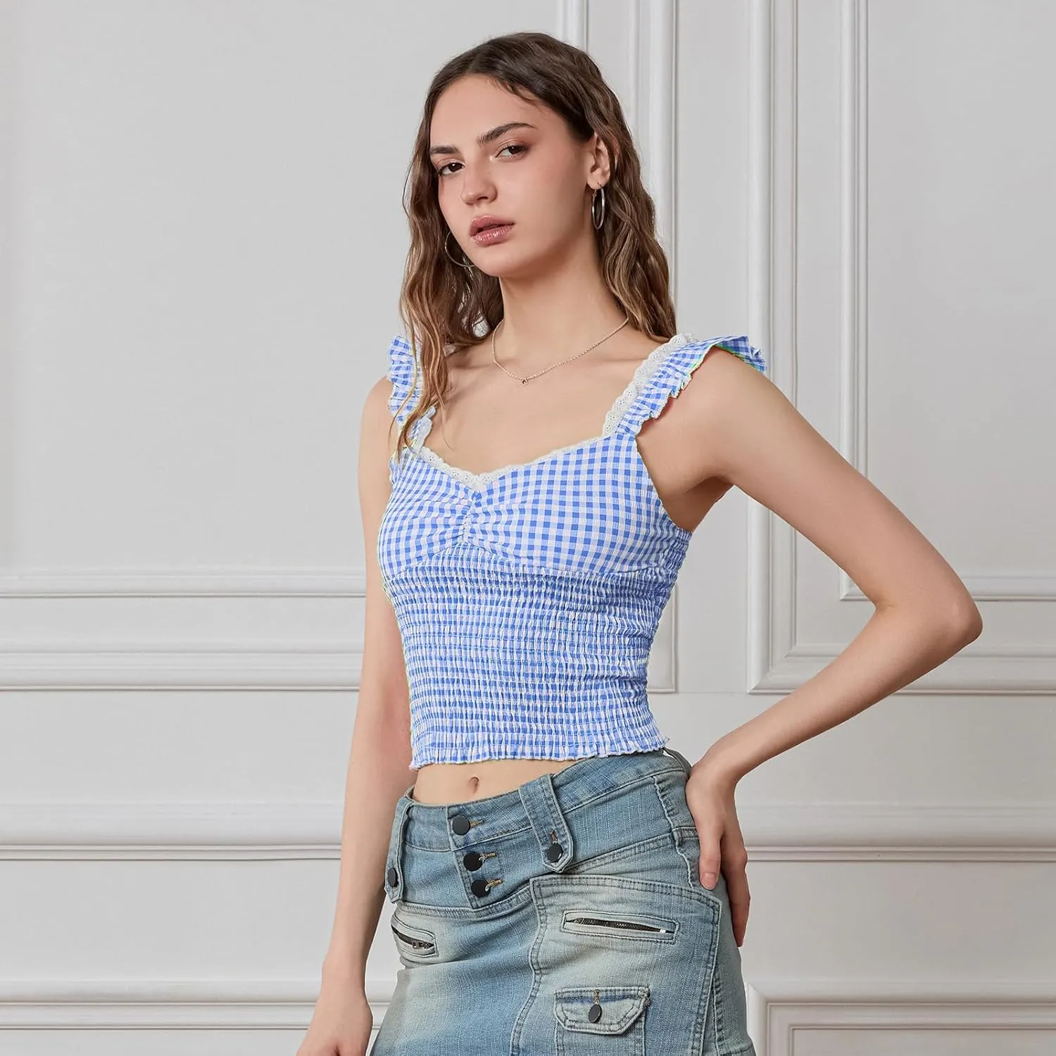 Y2k Plaid Cami Tank Tops for Women Spaghetti Strap Lace Trim Cami Crop Top Cute Gingham Going Out Camisoles