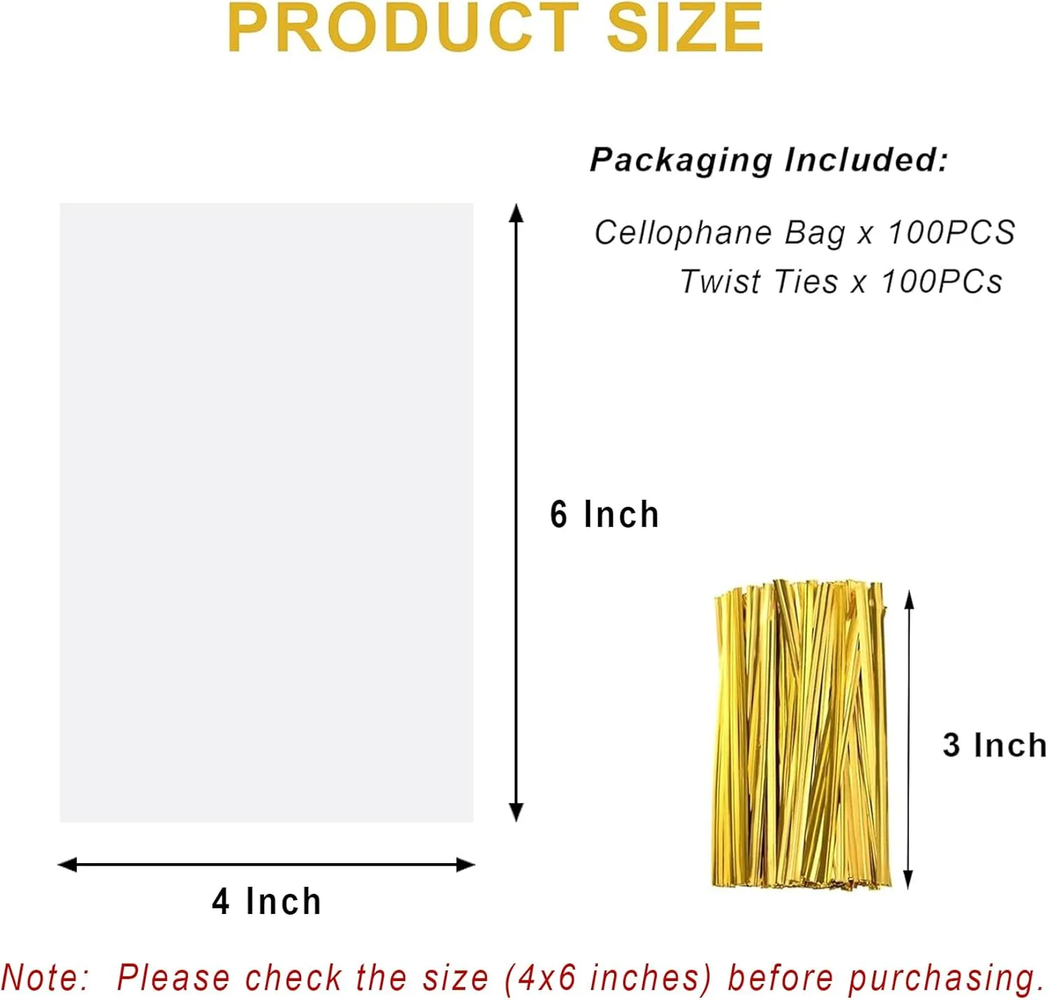 Yotelab Cellophane Treat Bags, 4x6 Inches Cellophane Bags With Twist Ties,100 Pcs