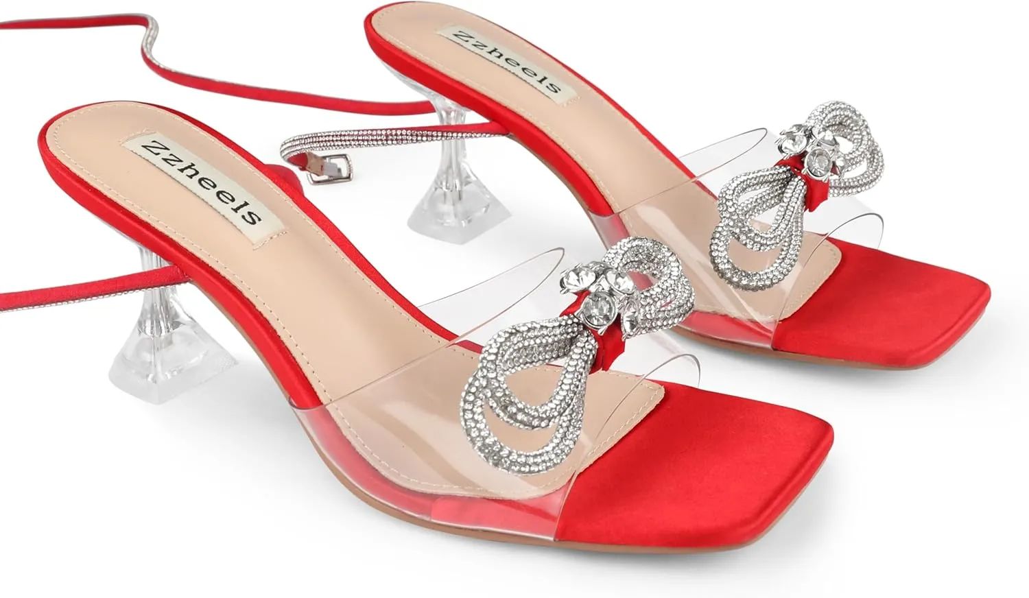 Zzheels Double Bowknots Crystal Sandals Clear Slingback Heels Square Toe Shoes for Party Wedding