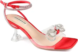 Zzheels Double Bowknots Crystal Sandals Clear Slingback Heels Square Toe Shoes for Party Wedding