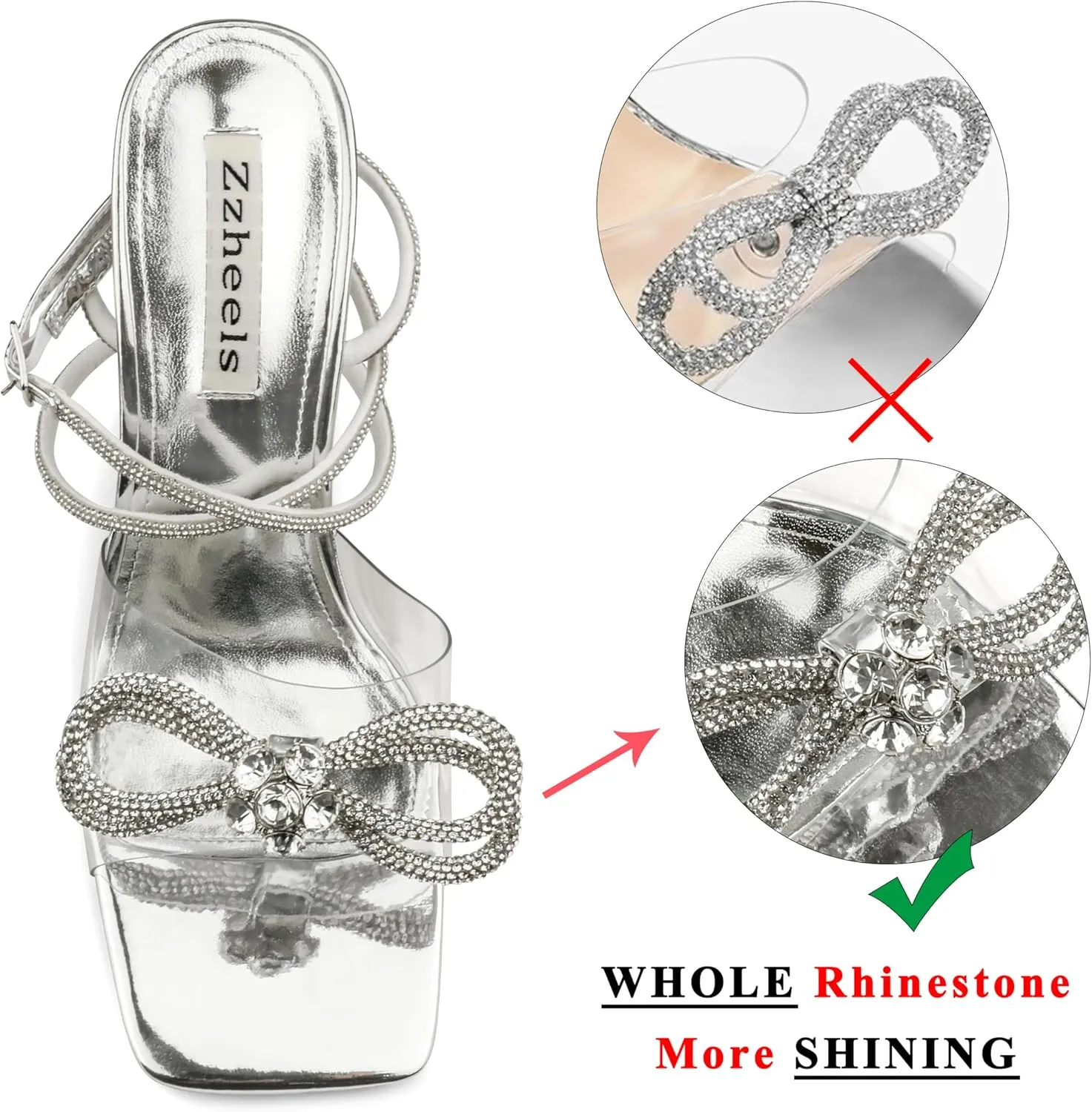 Zzheels Double Bowknots Crystal Sandals Clear Slingback Heels Square Toe Shoes for Party Wedding