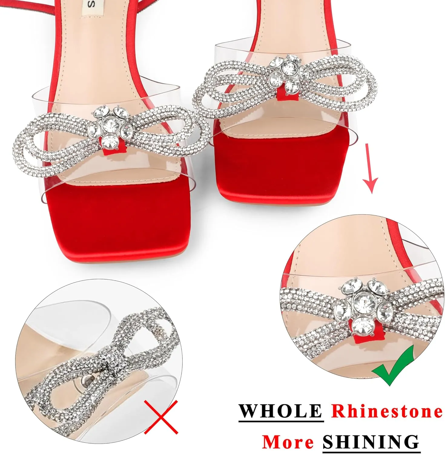 Zzheels Double Bowknots Crystal Sandals Clear Slingback Heels Square Toe Shoes for Party Wedding